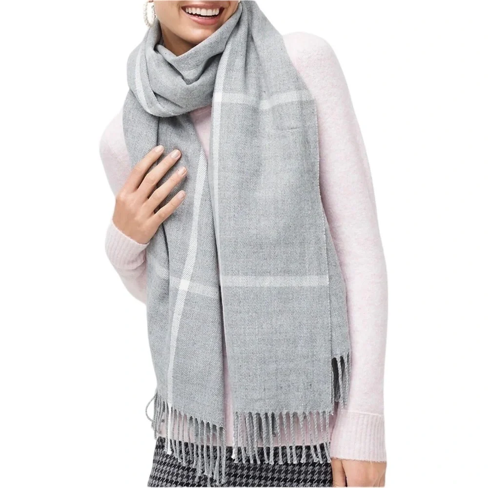 J. Crew Classic Plaid Heather Dusk Gray Ivory Scarf